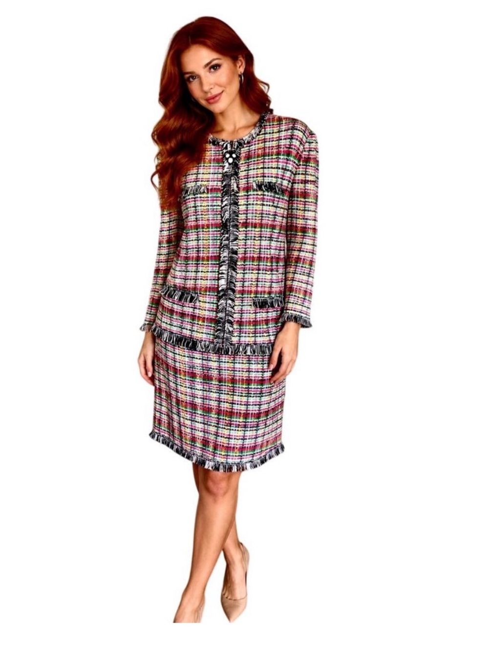 St. John Collection Marie Gray Tweed Fringe Plaid Knit Parisian Suit Luxury 14